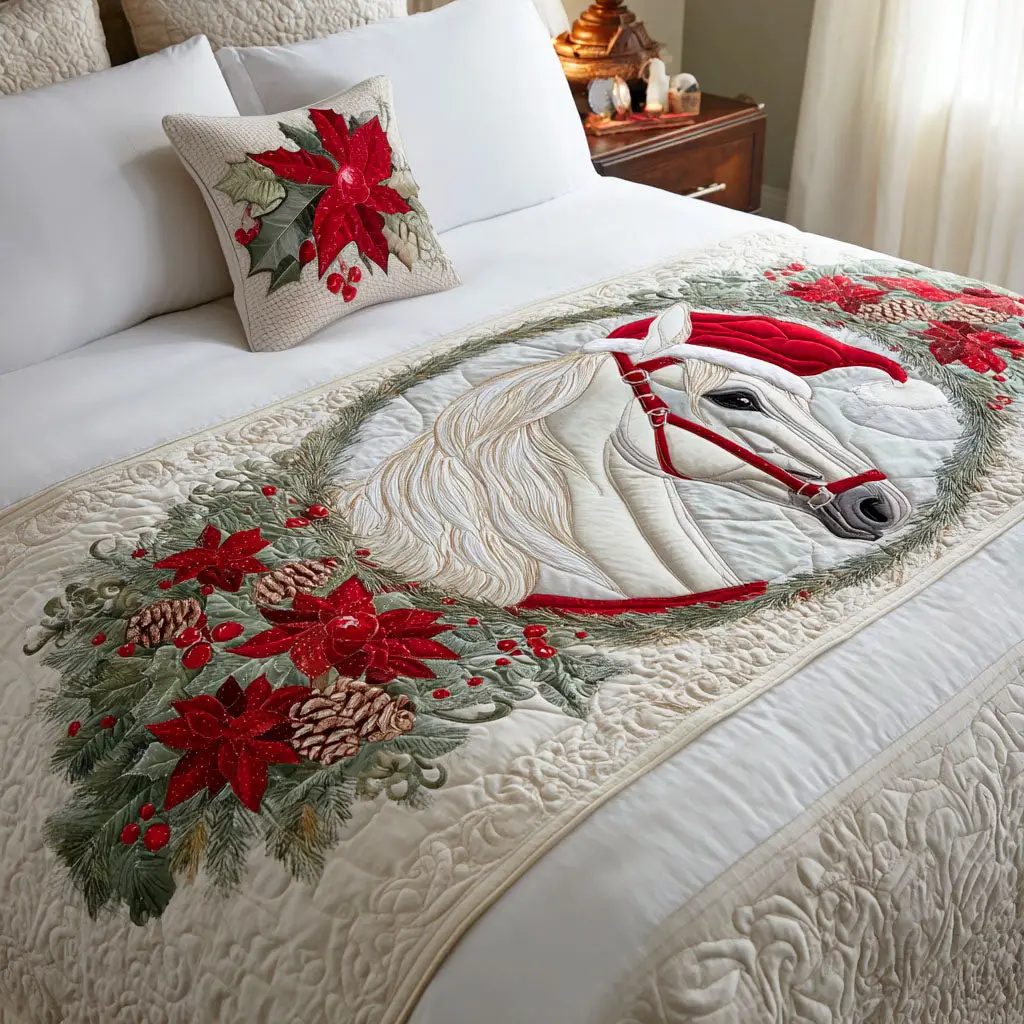 Winter Horse Quilted Bed Runner Snowy Horse Artwork Winter Gift for Mom