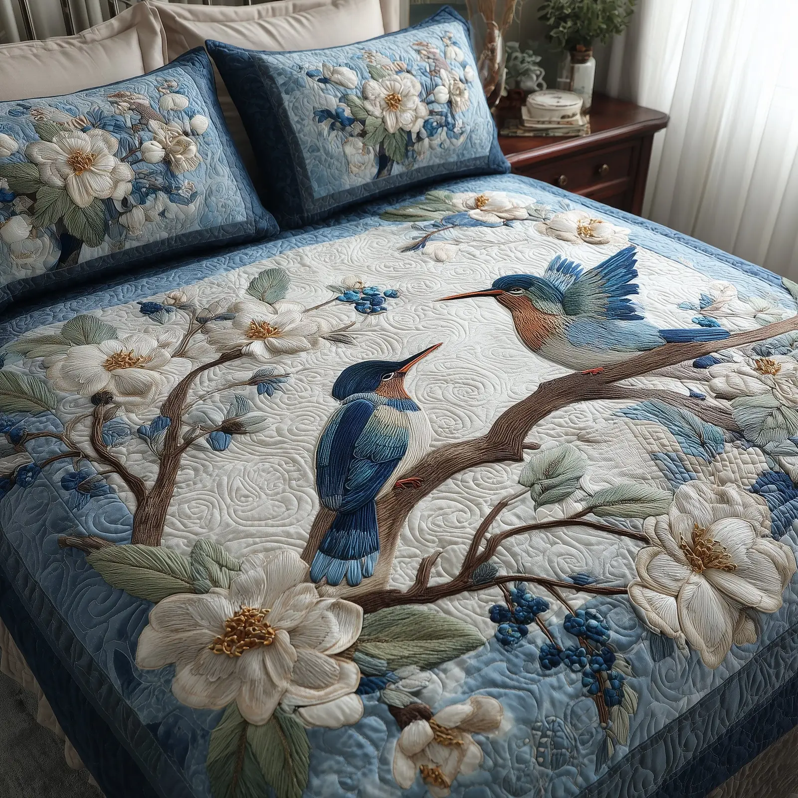 Winter Hummingbird Love Quilted Bedding Set Bohemian Vibe