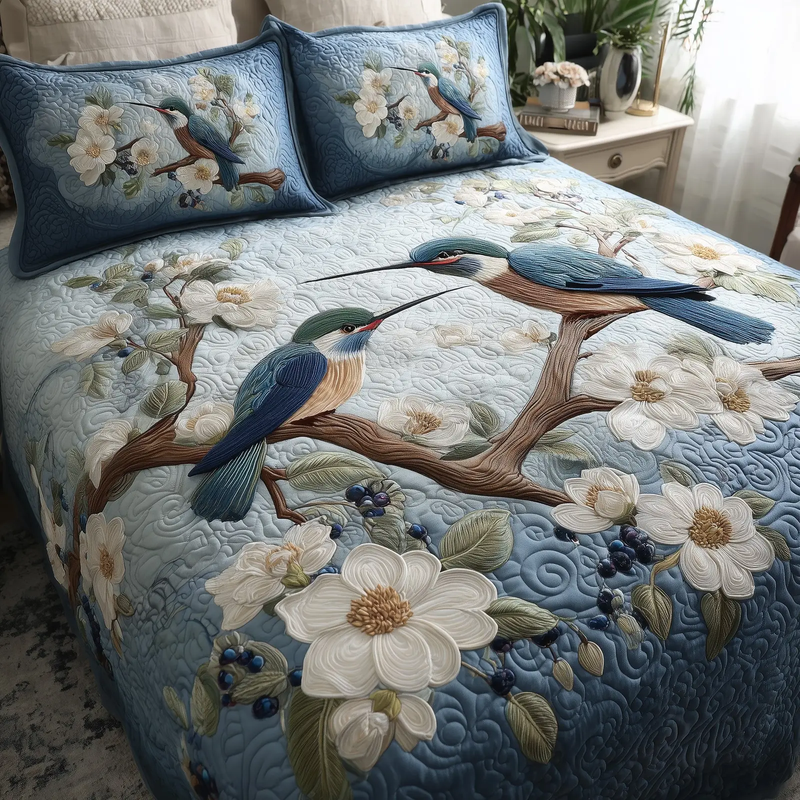 Winter Hummingbird Love Quilted Bedding Set Solid Color