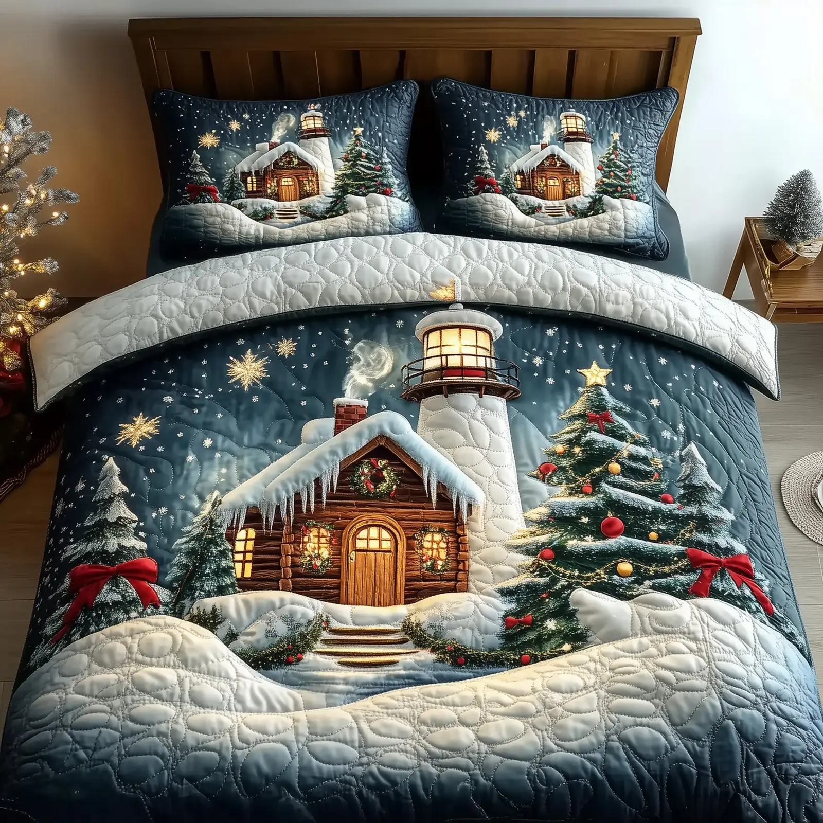 Winter Lighthouse Christmas Quilted Bedding Set Duvet Cover Bedspread Cozy Winter Xmas Gifts Winter Lighthouse Christmas Quilted Bedding Set Duvet Cover Bedspread Cozy Winter Xmas Gifts - Image 1