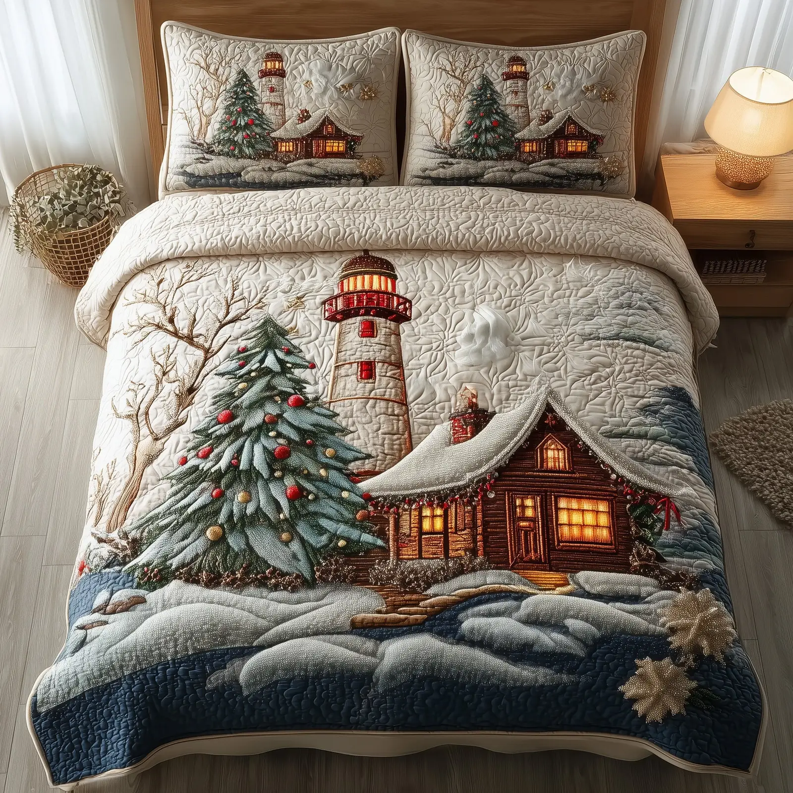 Winter Lighthouse Christmas Quilted Bedding Set Duvet Cover Bedspread Xmas Gifts For Her
