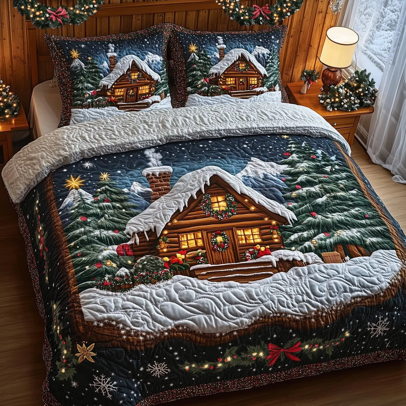 Winter Log Cabin Christmas Christmas Quilted Bedding Set Duvet Cover Bedspread Winter Holiday Presents