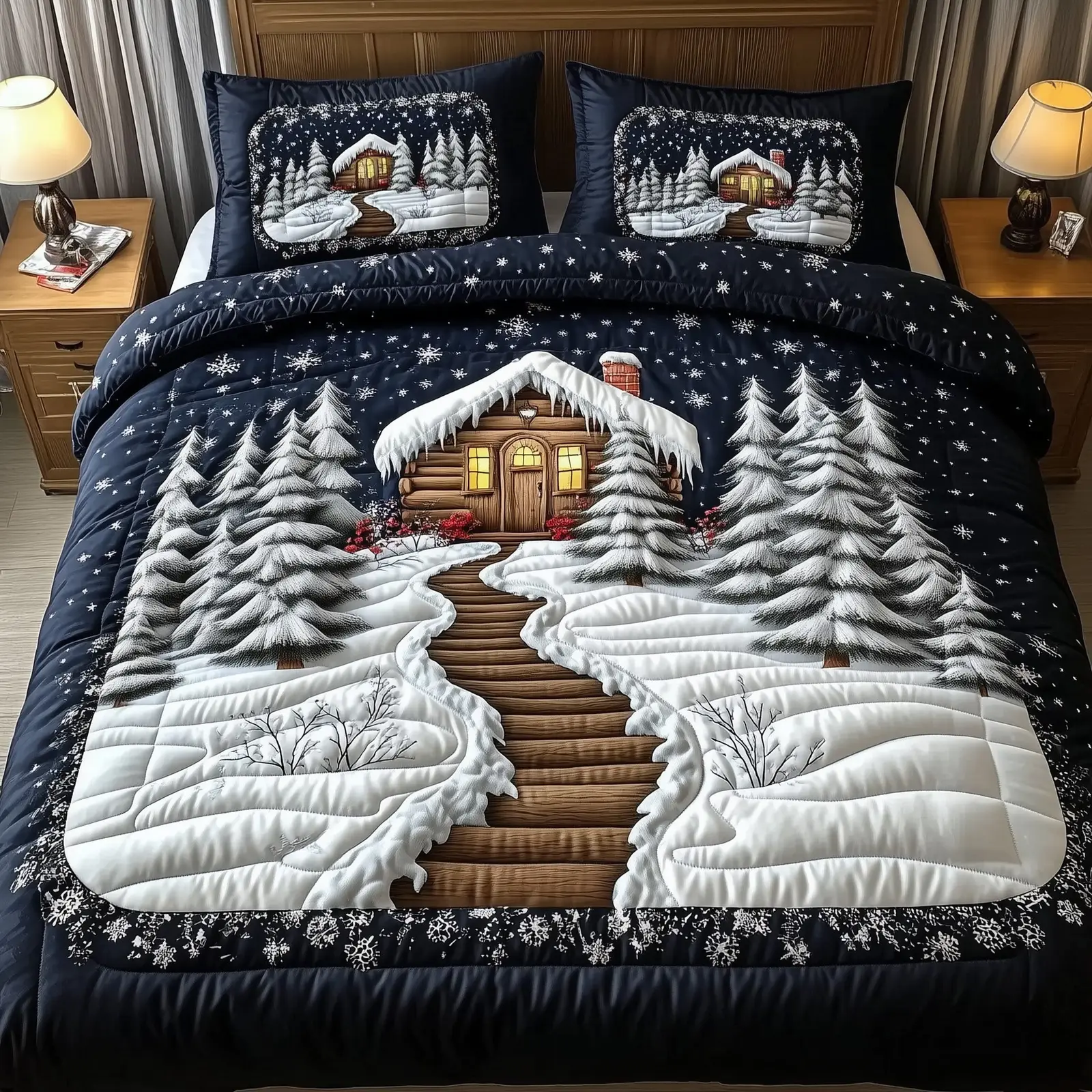 Winter Log Cabin Christmas Quilted Bedding Set Duvet Cover Bedspread Xmas Winter Holiday Gifts For Her