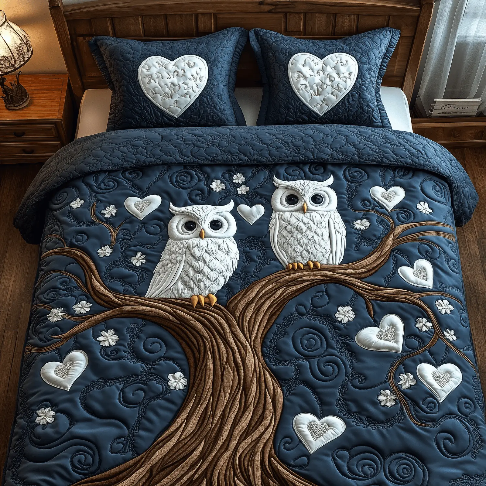 Winter Owl Couple Quilted Bedding Set Holiday Bedroom Decor Gifts For Owl Lovers