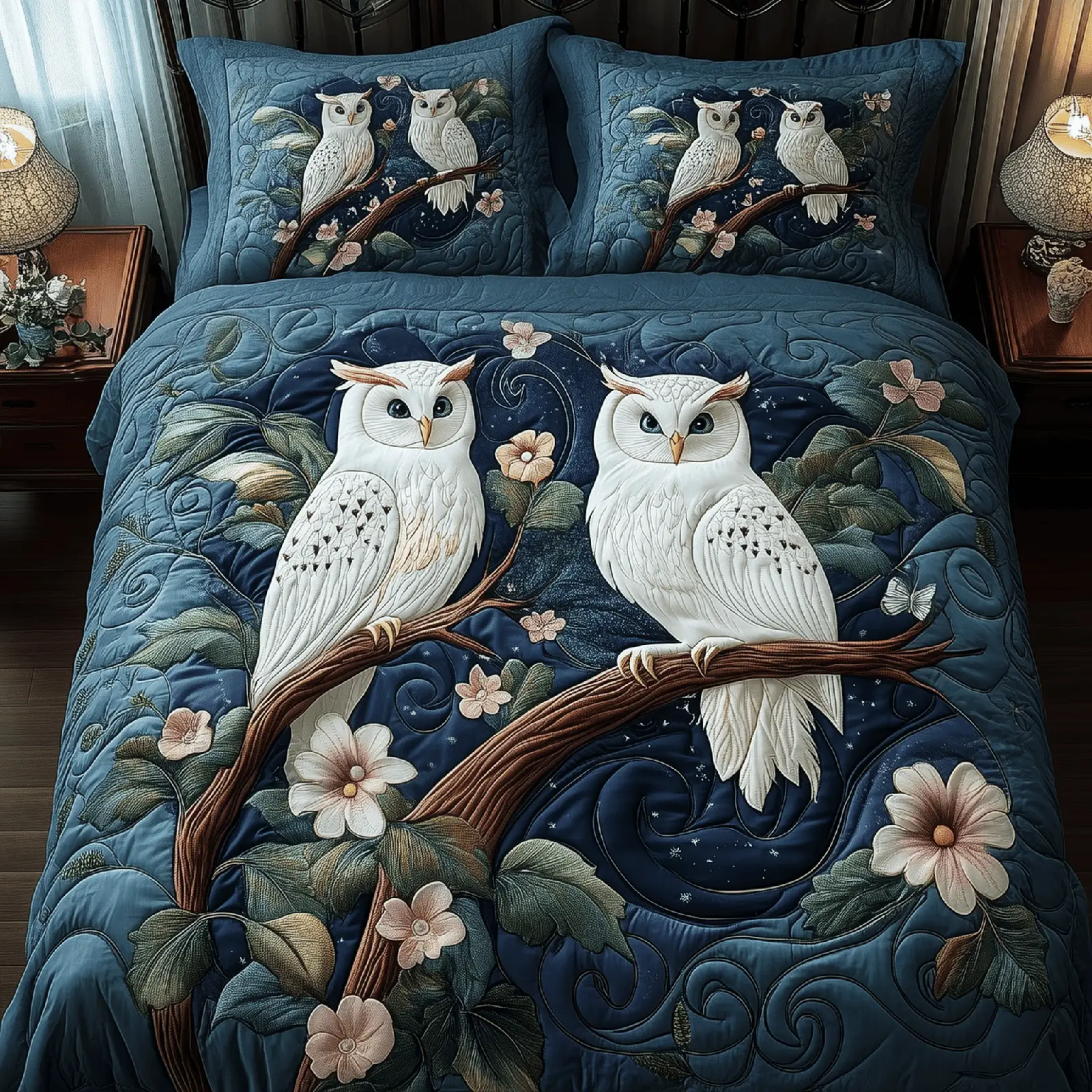 Winter Owl Couple Quilted Bedding Set Holiday Bedroom Decor Owl Gifts For Adults