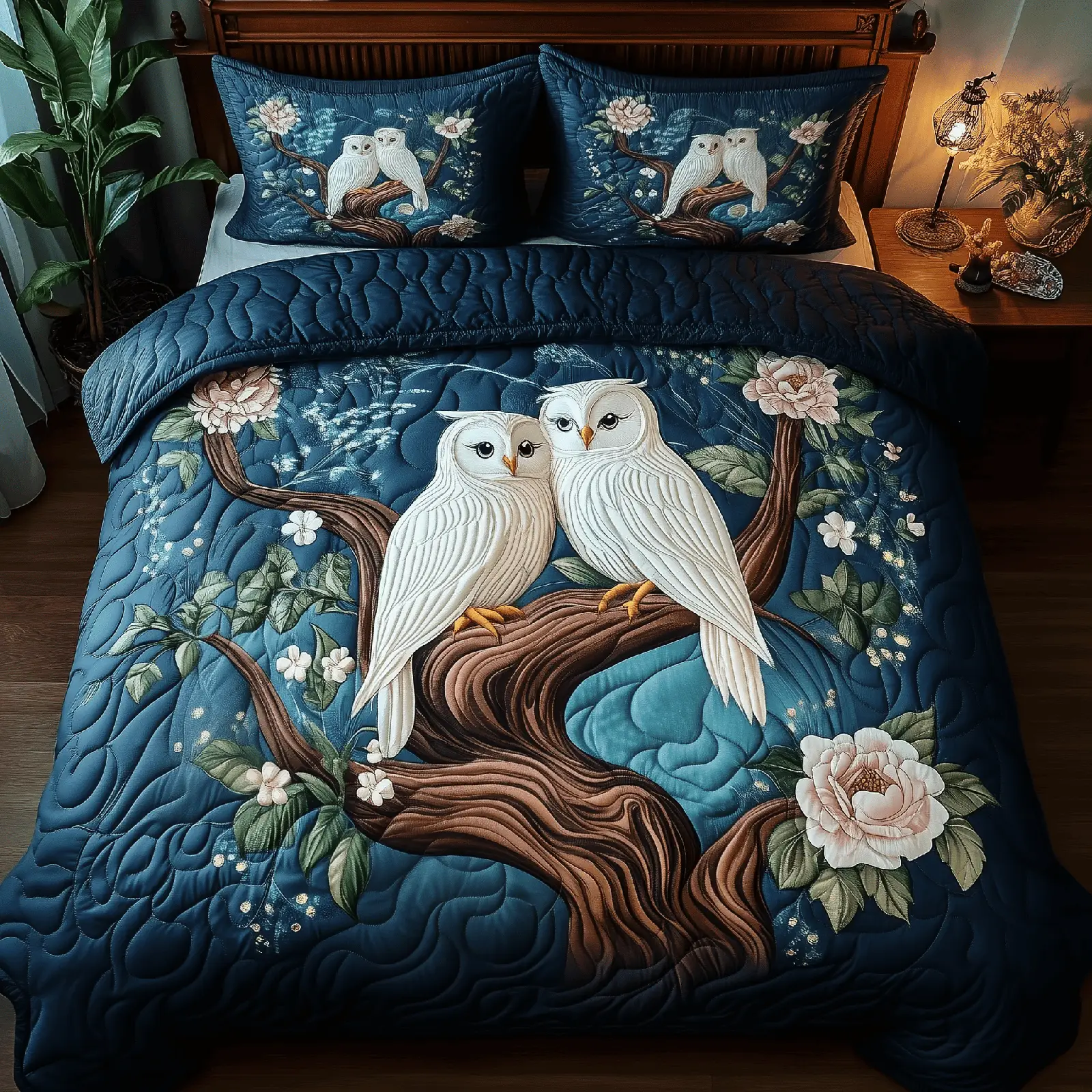 Winter Owl Couple Quilted Bedding Set Unique Owl Valentine Day Gifts For Daughter