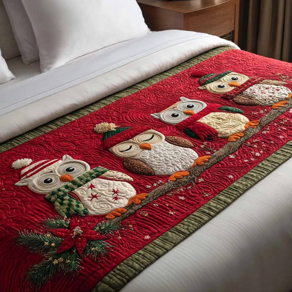 Winter Owl Gathering Quilted Bed Runner Winter Owl Gathering Seasonal Home Gift