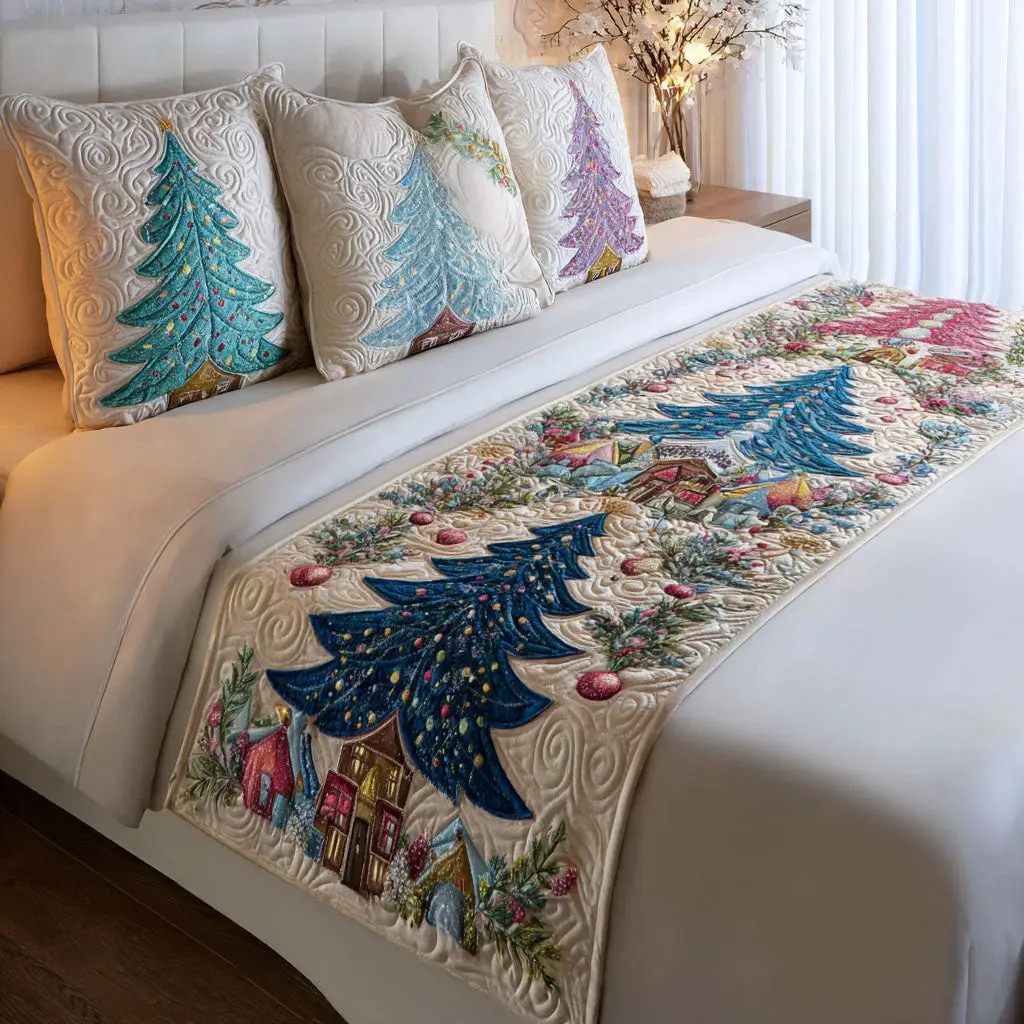 Winter Pine Charm Quilted Bed Runner Winter Pine Detail Seasonal Gift for Wife