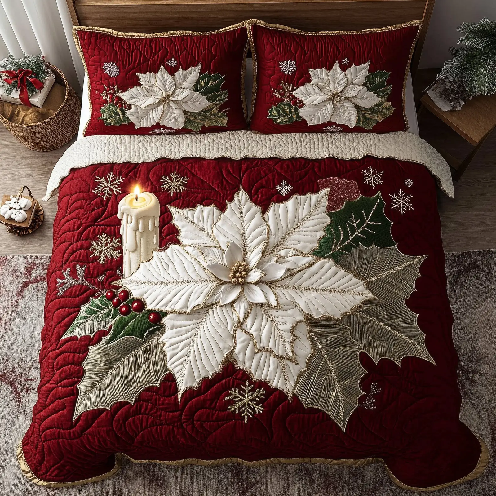 Winter Poinsettia Bloom Christmas Quilted Bedding Set Duvet Cover Bedspread Xmas Gifts