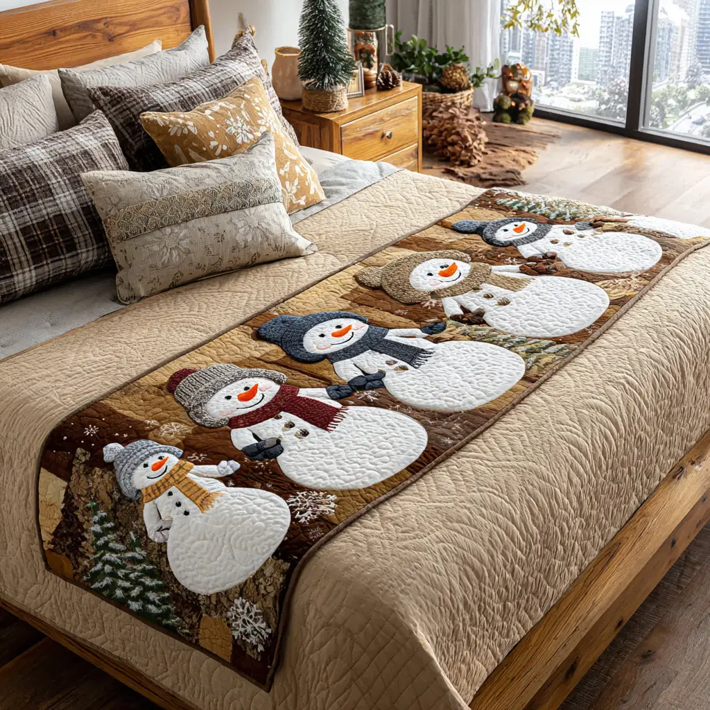 Winter Snowman Delight Quilted Bed Runner Snowman Delight Scene Winter Gift for Wife