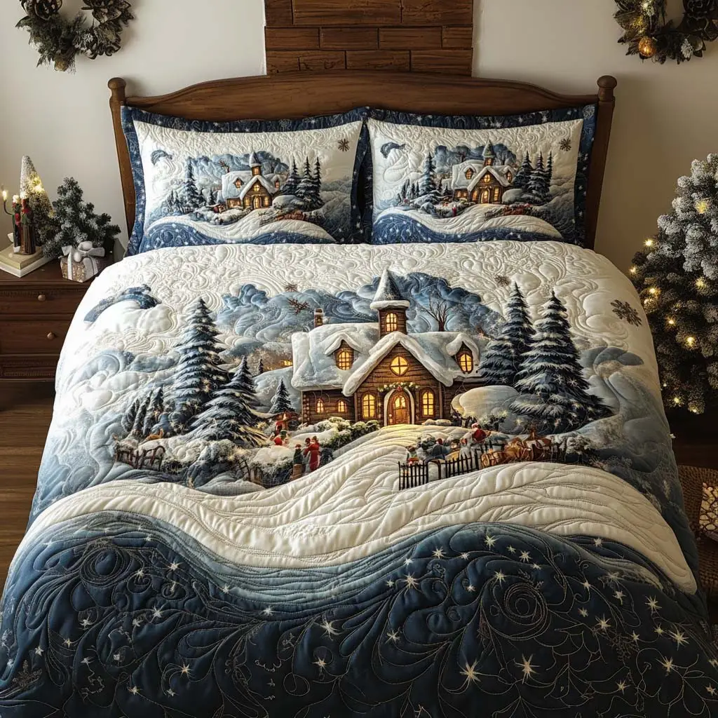 Winter Village Charm Quilted Bedding Set King Size Quilt Sets Festive Cheer Gift For Sister Winter Village Charm Quilted Bedding Set King Size Quilt Sets Festive Cheer Gift For Sister - Image 1