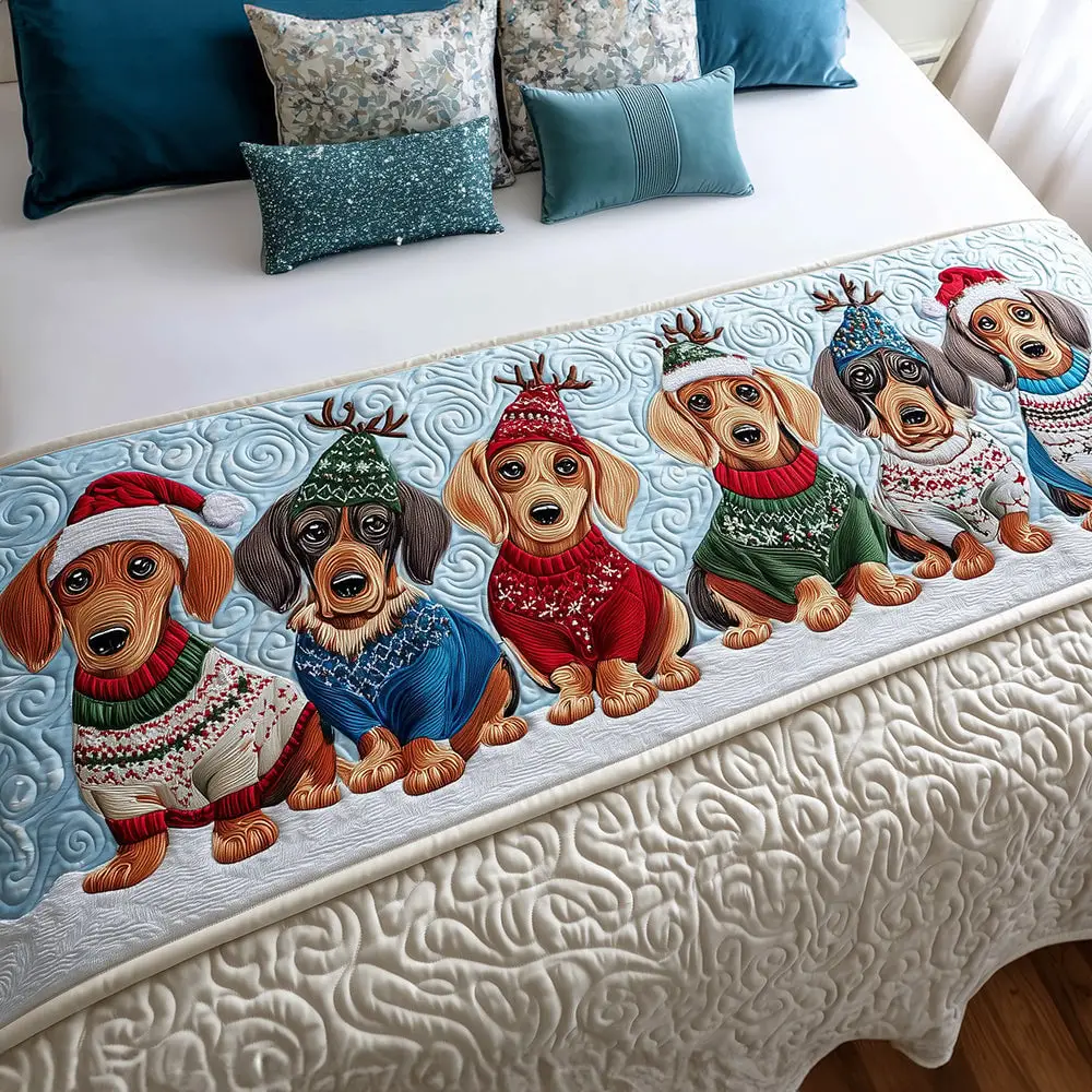 Winter Wiener Quilted Bed Runner Dachsund Winter Humor Holiday Gift for Pet Lovers