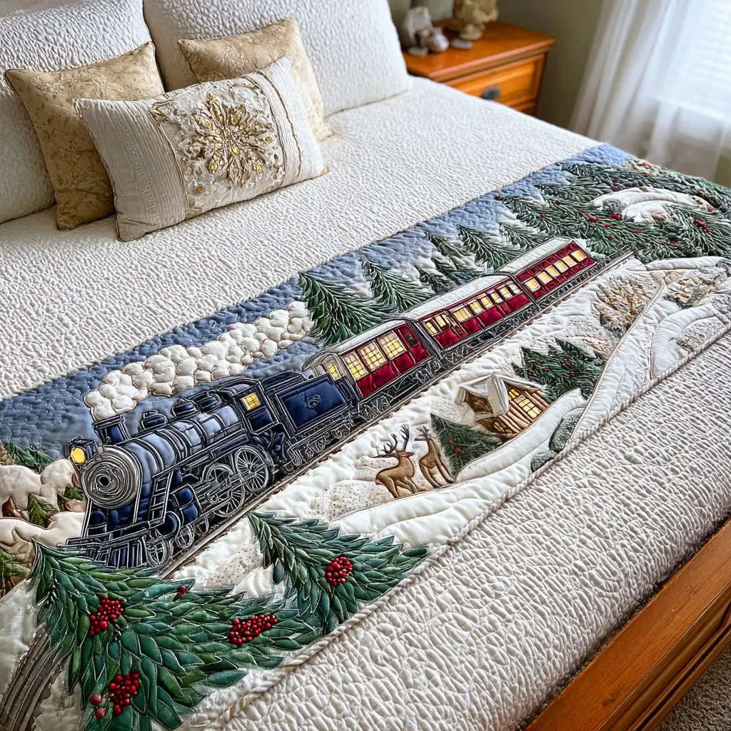 Winterlight Express Quilted Bed Runner Winterlight Express Holiday Gift for Husband Winterlight Express Quilted Bed Runner Winterlight Express Holiday Gift for Husband - Image 1