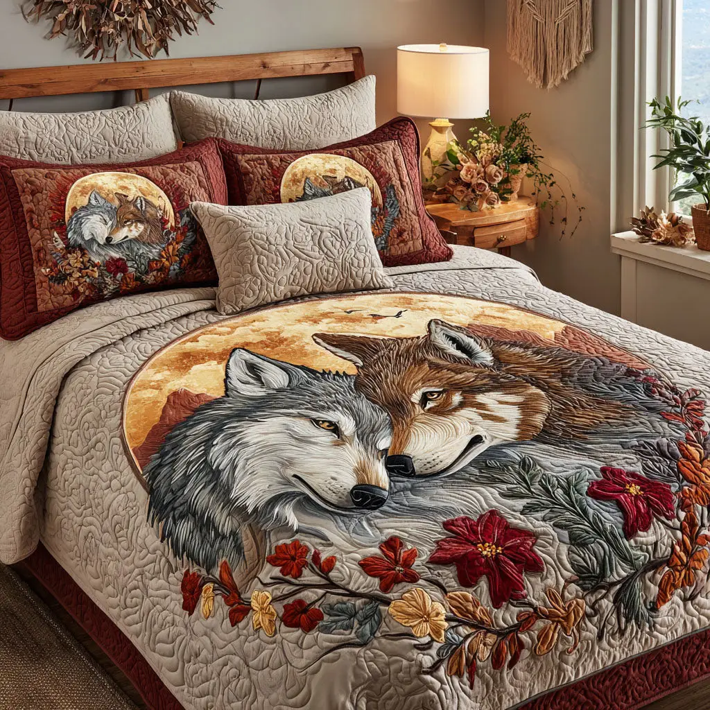 Wolf Bound Hearts Quilted Bedding Set Nice Valentine Day Gift For Father In Law