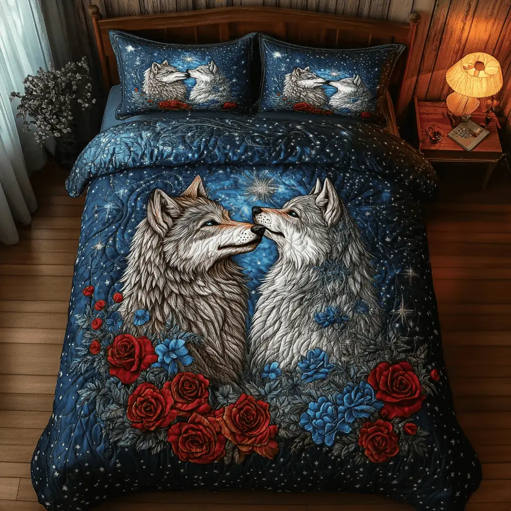 Wolf Quilted Bedding Set Star Wolves Bed Sheet Set Valentine Day Gifts For Wolf Lovers