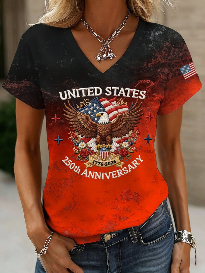Women's American 250th Anniversary Shirt V-Neck Bald Eagle Print Independence Day Gift Women's American 250th Anniversary Shirt V-Neck Bald Eagle Print Independence Day Gift - Image 1