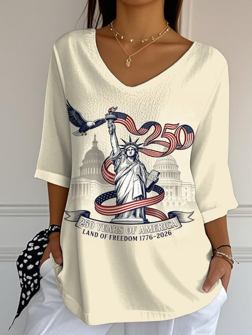 Women's American 250th Anniversary V-Neck Long Sleeve Shirt 250 Years Of Freedom Apparel