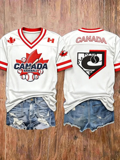 Women's Canadian Baseball V-Neck Jersey Play Ball Canada Clothes Best Gift For Daughter