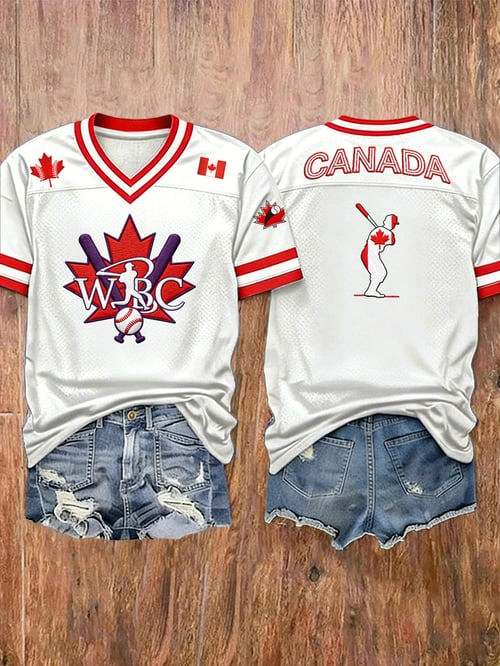 Women's Canadian Baseball V-Neck Jersey Play Ball Canada Clothes Gift For Baseball Fan Women's Canadian Baseball V-Neck Jersey Play Ball Canada Clothes Gift For Baseball Fan - Image 1