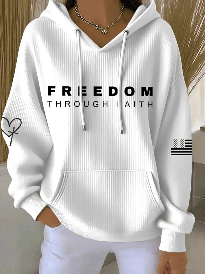 Women's Freedom Through Faith Print Casual Hoodie Rip Charlie Kirk Tribute Gift for Supporters