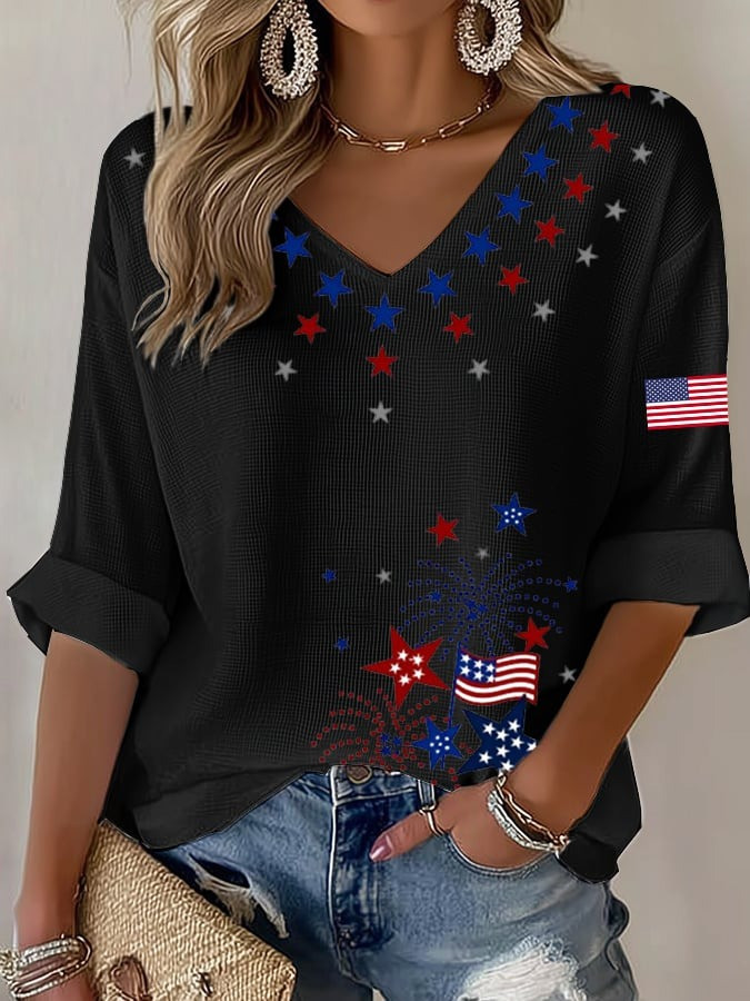 Women's USA 250th Anniversary V- Neck Long Sleeve Shirt USA Flag Independence Day Clothing