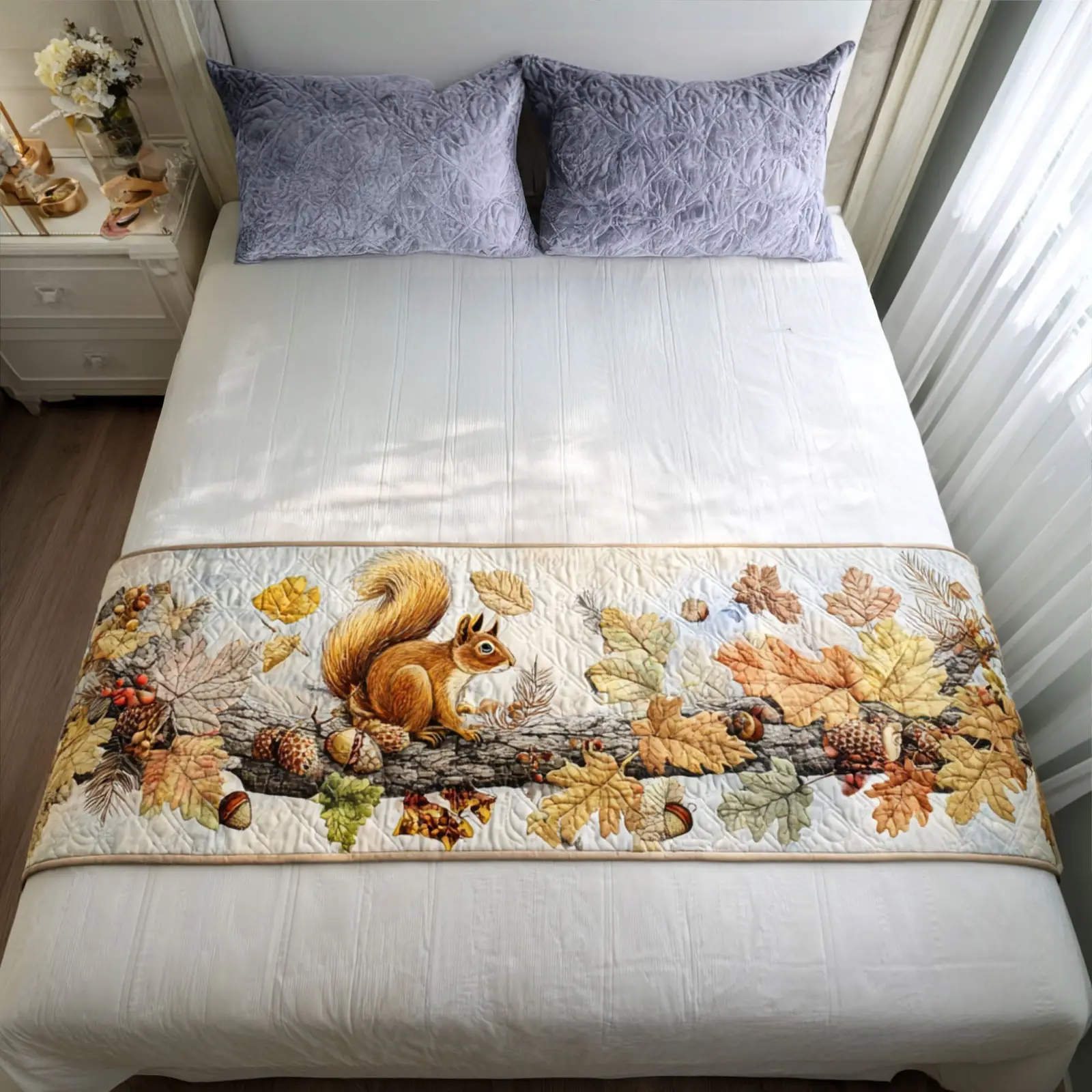 Woodland Squirrel Parade Quilted Bed Runner Cute Squirrel Pattern Gift for Nature Lovers Woodland Squirrel Parade Quilted Bed Runner Cute Squirrel Pattern Gift for Nature Lovers - Image 1