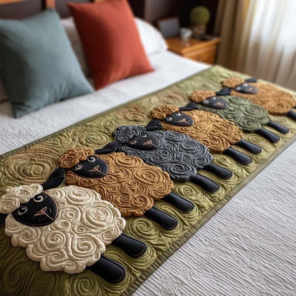 Wooly Friends Quilted Bed Runner Wooly Sheep Friends Christmas Gift Wooly Friends Quilted Bed Runner Wooly Sheep Friends Christmas Gift - Image 1