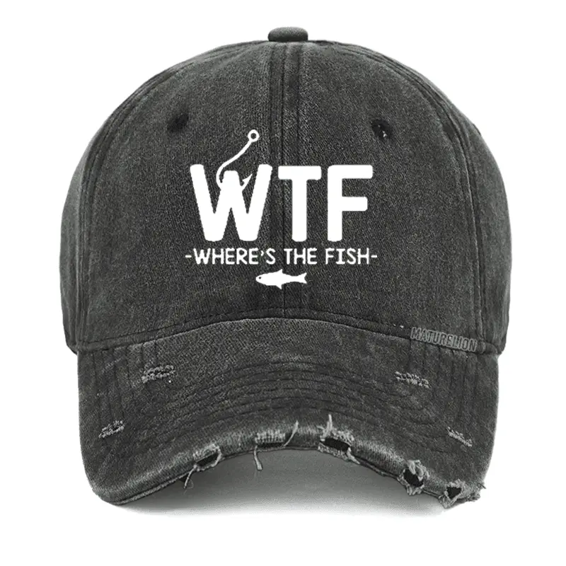 WTF - Where's The Fish Funny Print Washed Vintage Cap Sarcastic T-Shirt for Men – Funny Graphic