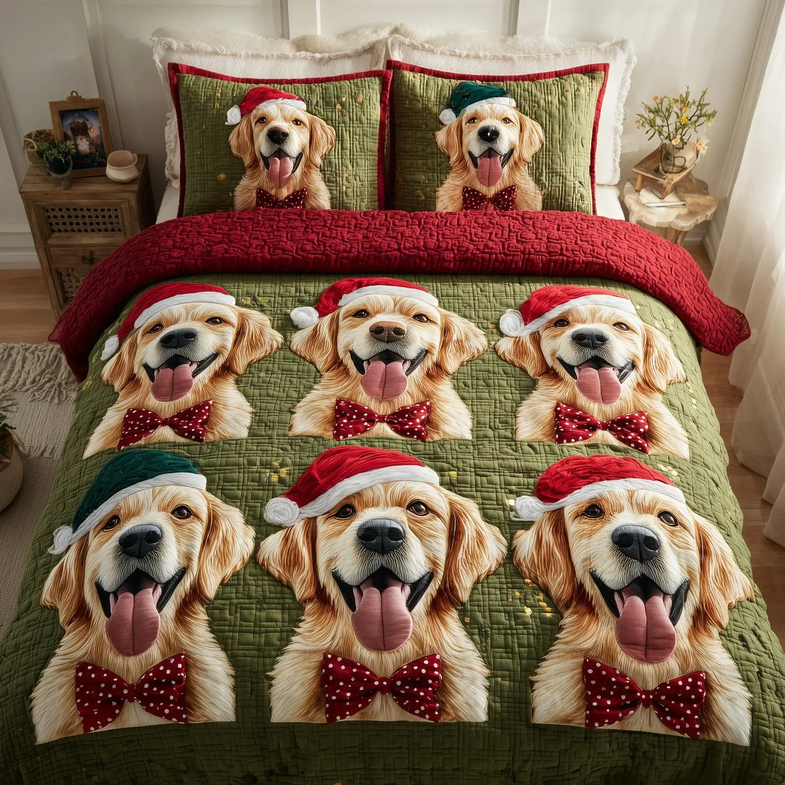 Xmas Golden Retriever Quilted Bedding Set Hypoallergenic