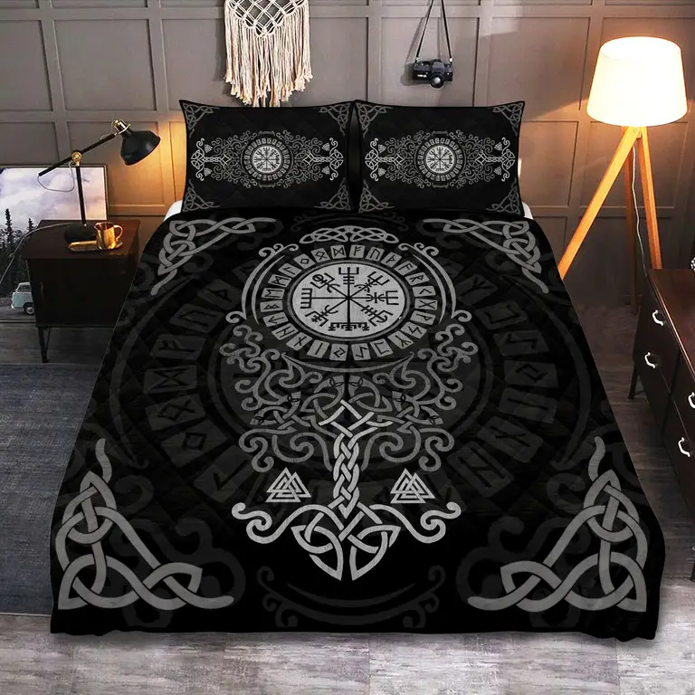 Yggdrasil Tree Vegvisir Rune Quilted Bedding Set Bedroom Decor Viking Gifts For Men