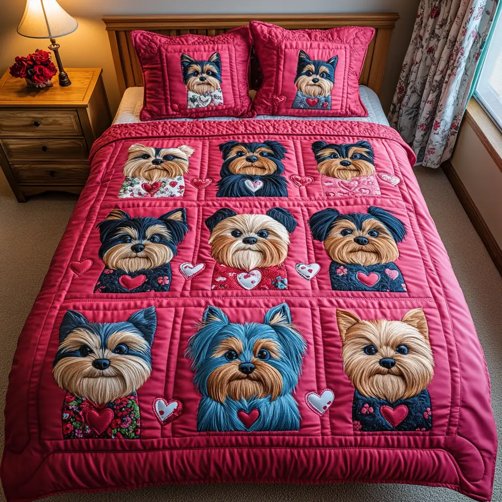 Yorkie Love Quilted Bedding Set Cozy Home Decor Unique Valentine's Day Ideas