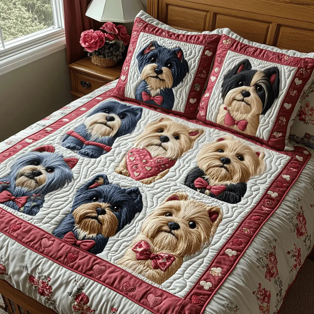 Yorkshire Terrier Wonderland Quilted Bedding Set Good Valentine Day Presents Dog Lovers