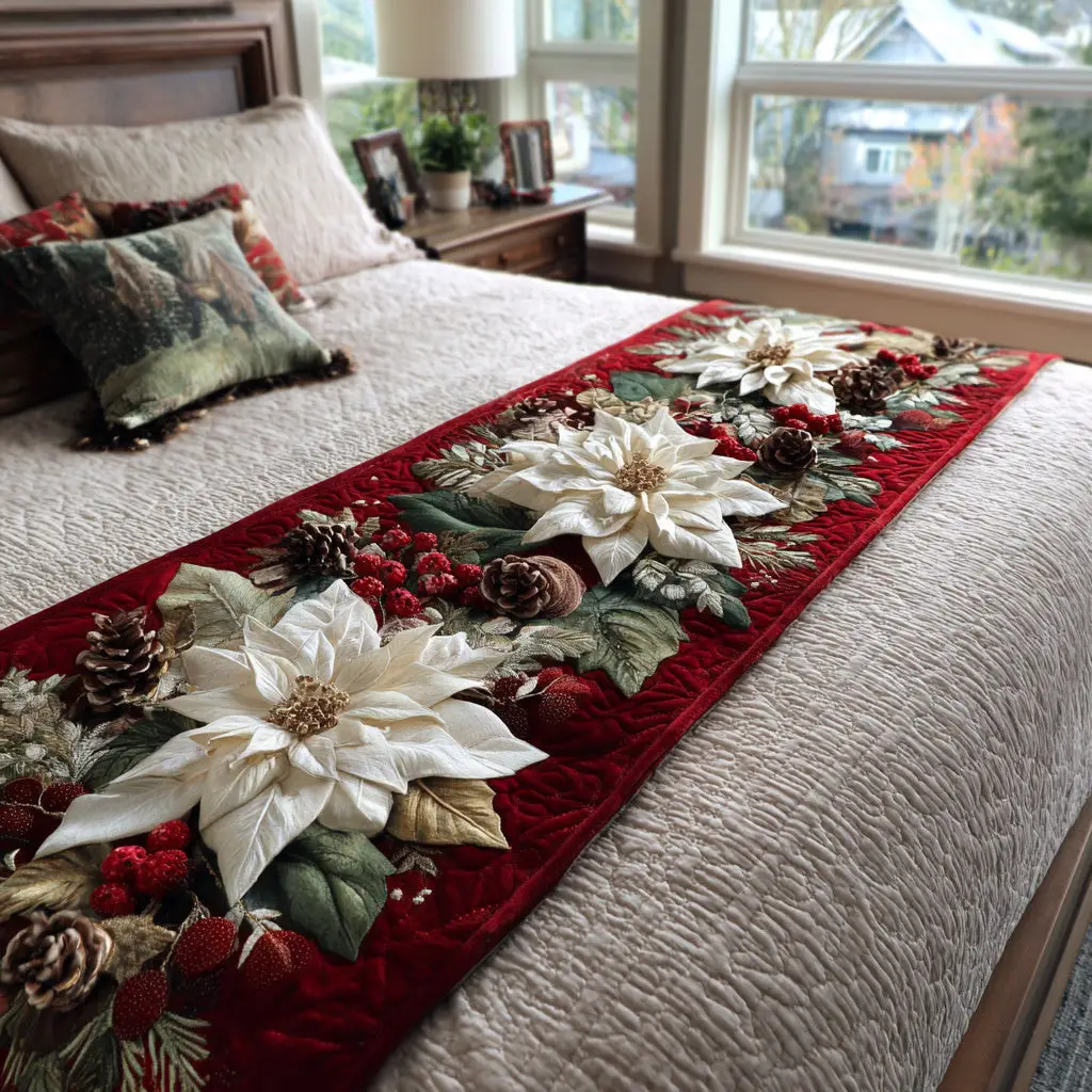 Yuletide Bloom Quilted Bed Runner Christmas Bloom Look Gift for Grandma