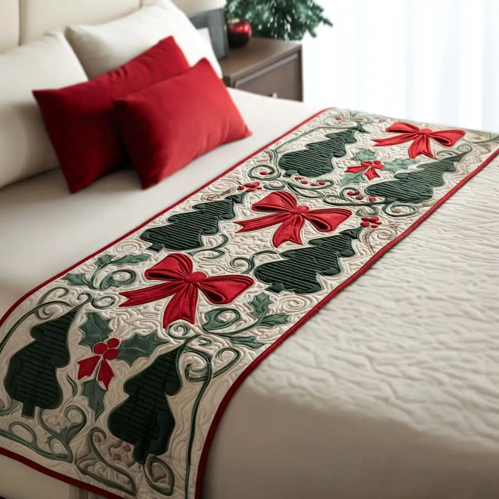 Yuletide Ribbons Quilted Bed Runner Yuletide Ribbon Style Holiday Gift