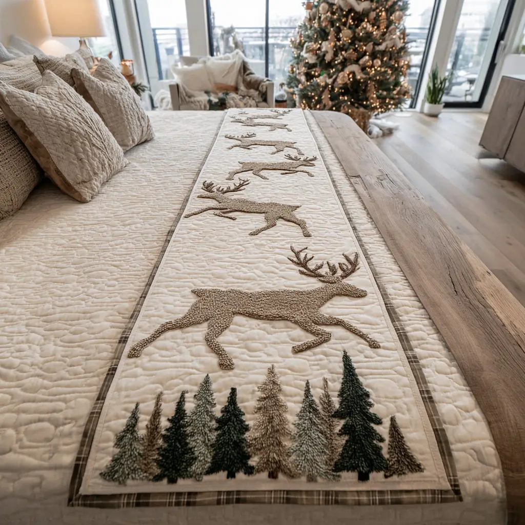 Yuletide Stag Quilted Bed Runner Christmas Stag Look Gift for Husband