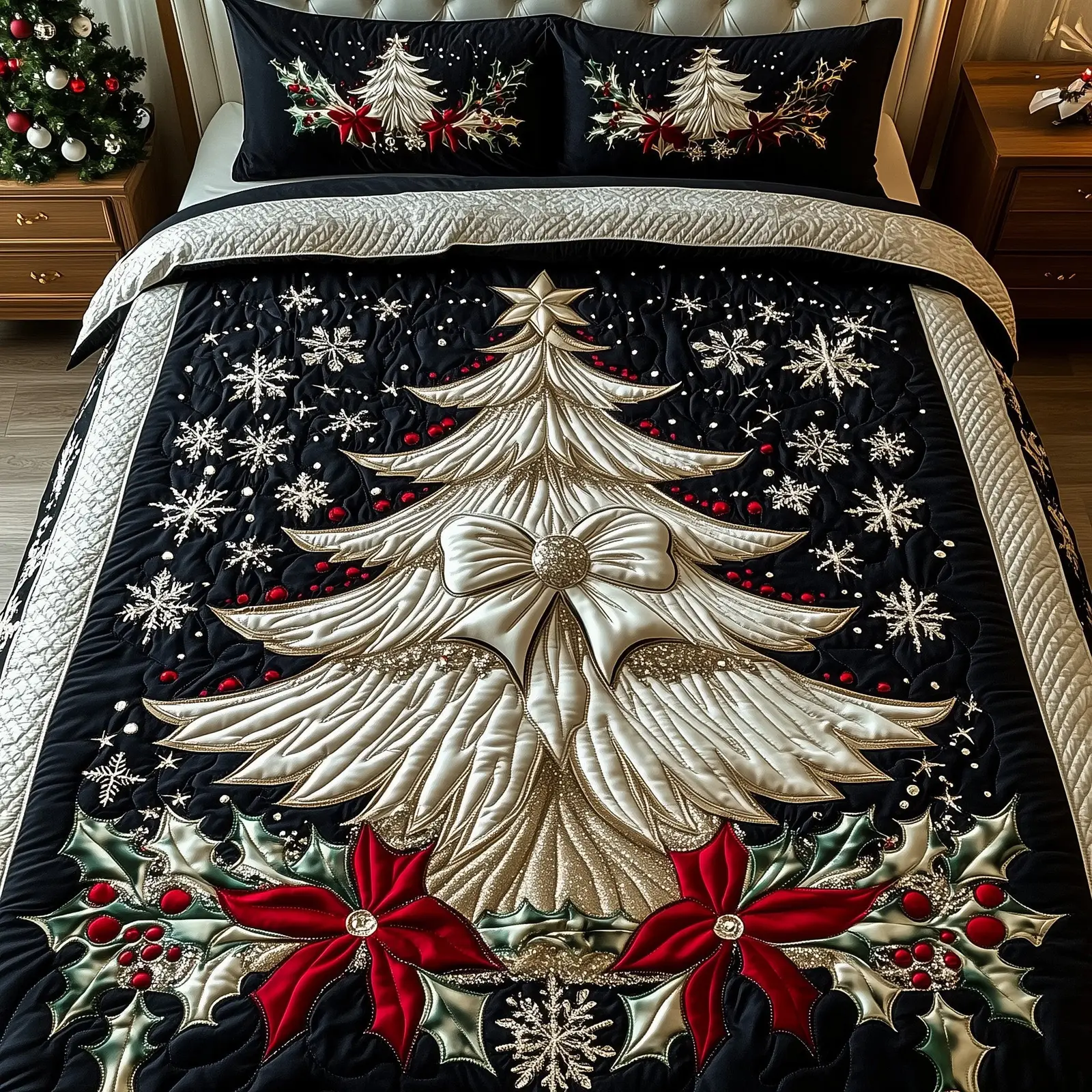 Yuletide Tree Christmas Quilted Bedding Set Duvet Cover Bedspread Xmas Holiday Theme Gift Ideas