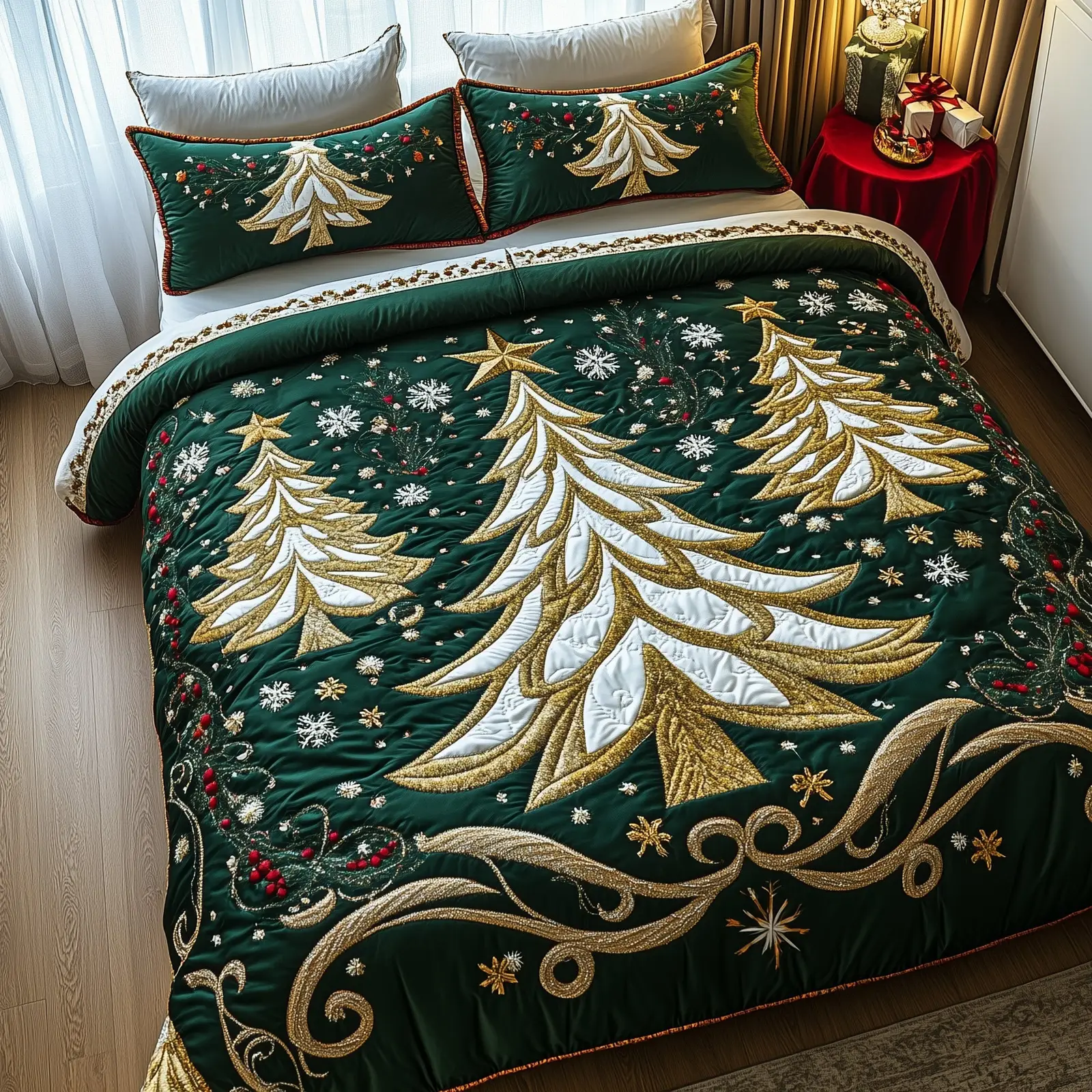 Yuletide Tree Christmas Quilted Bedding Set Duvet Cover Bedspread Xmas Holiday Theme Gifts Yuletide Tree Christmas Quilted Bedding Set Duvet Cover Bedspread Xmas Holiday Theme Gifts - Image 1