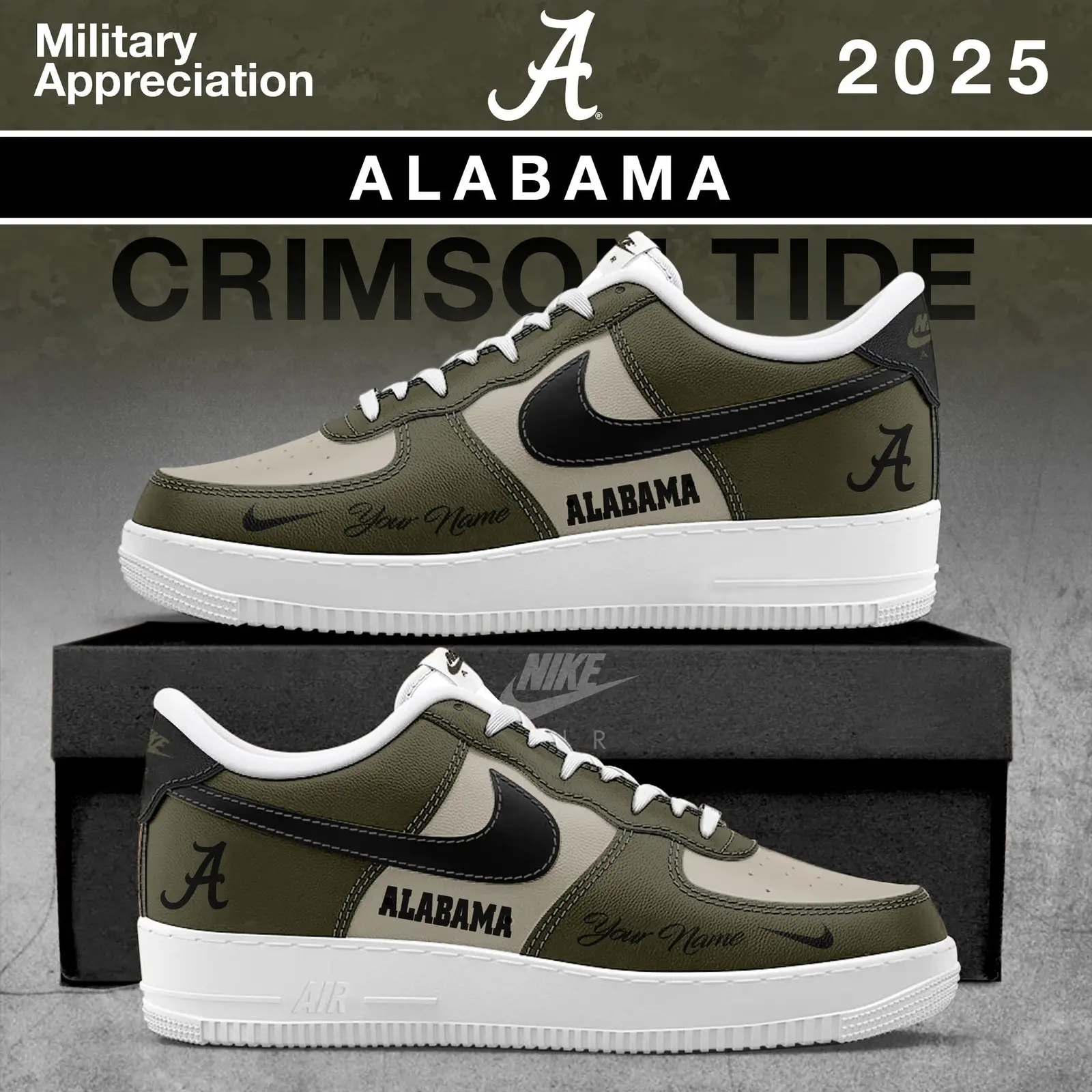 Alabama Crimson Tide 2025 Military Appreciation Limited Edition Custom Air Force 1 Sneaker | FE63