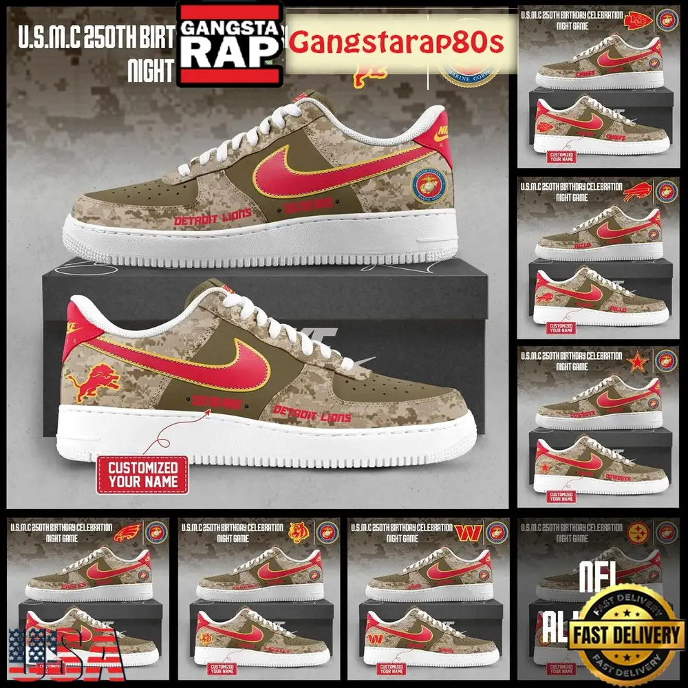 All Team NFL Celebration US Marine Corps 250th Birthday Night Game Custom Name Air Force 1 Sneakers Shoes All Team NFL Celebration US Marine Corps 250th Birthday Night Game Custom Name Air Force 1 Sneakers Shoes - Image 1