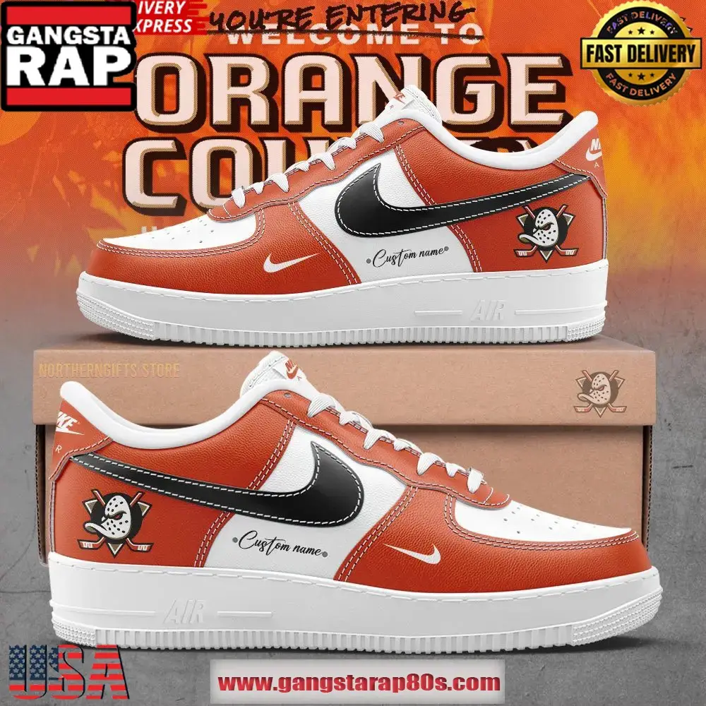 Anaheim Ducks Orange County Custom Air Force 1 Running Sneakers Shoes Anaheim Ducks Orange County Custom Air Force 1 Running Sneakers Shoes - Image 1