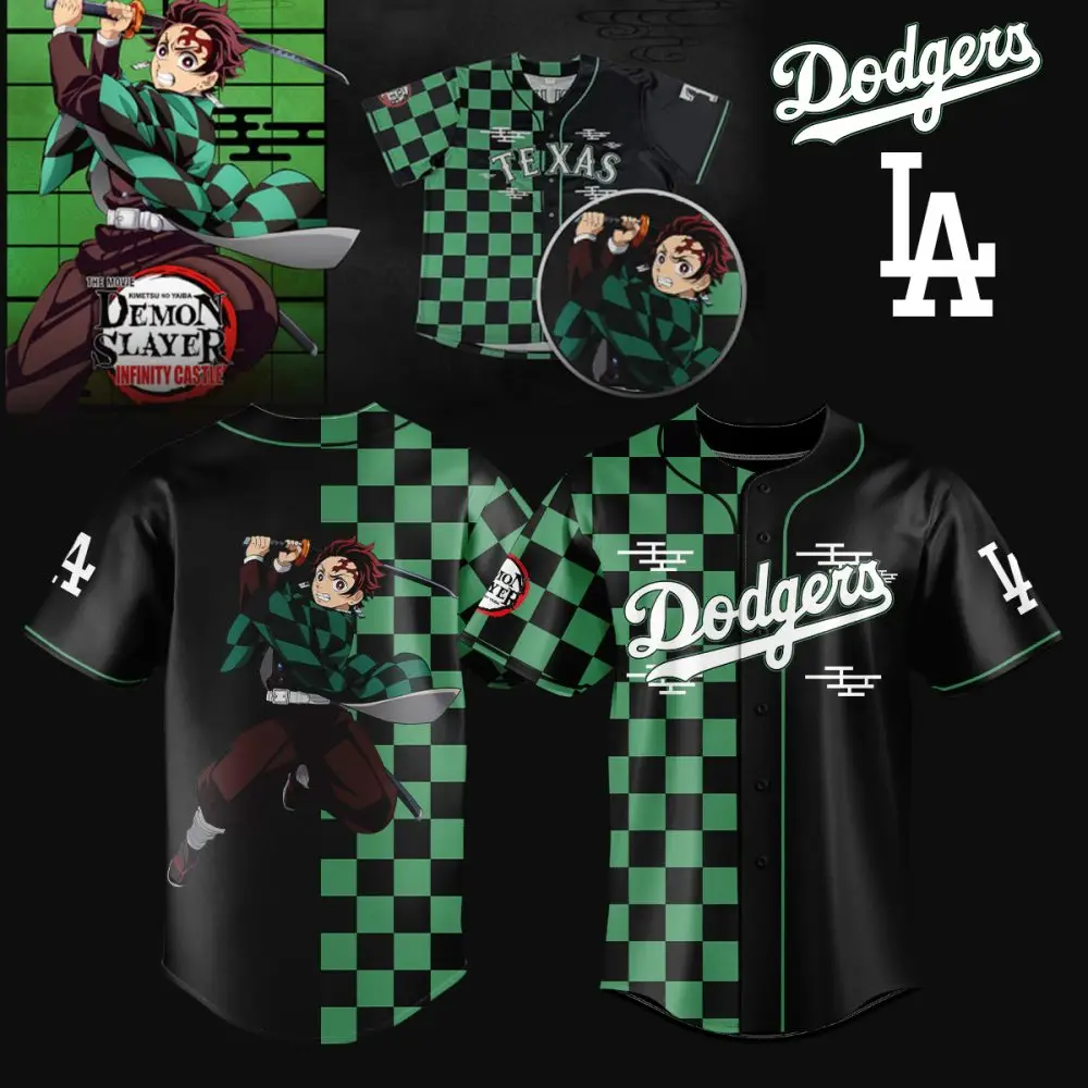 Anime Baseball Jersey - Green Checkered Design, Perfect For Fans Of Demon Slayer & Baseball - Unisex Sizes Available