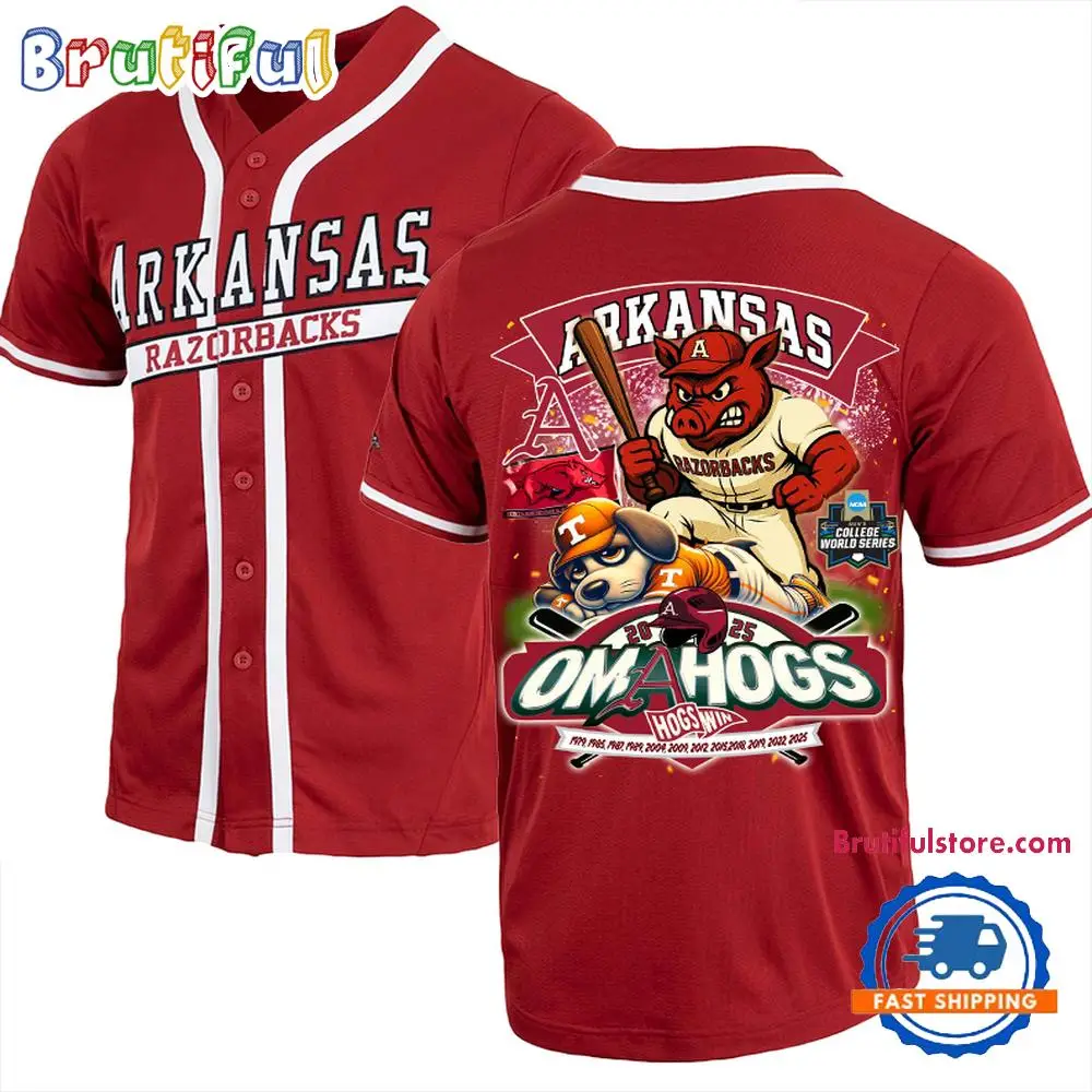 Arkansas Razorback 2025 NCAA College World Series Omahogs Win Jersey Shirt