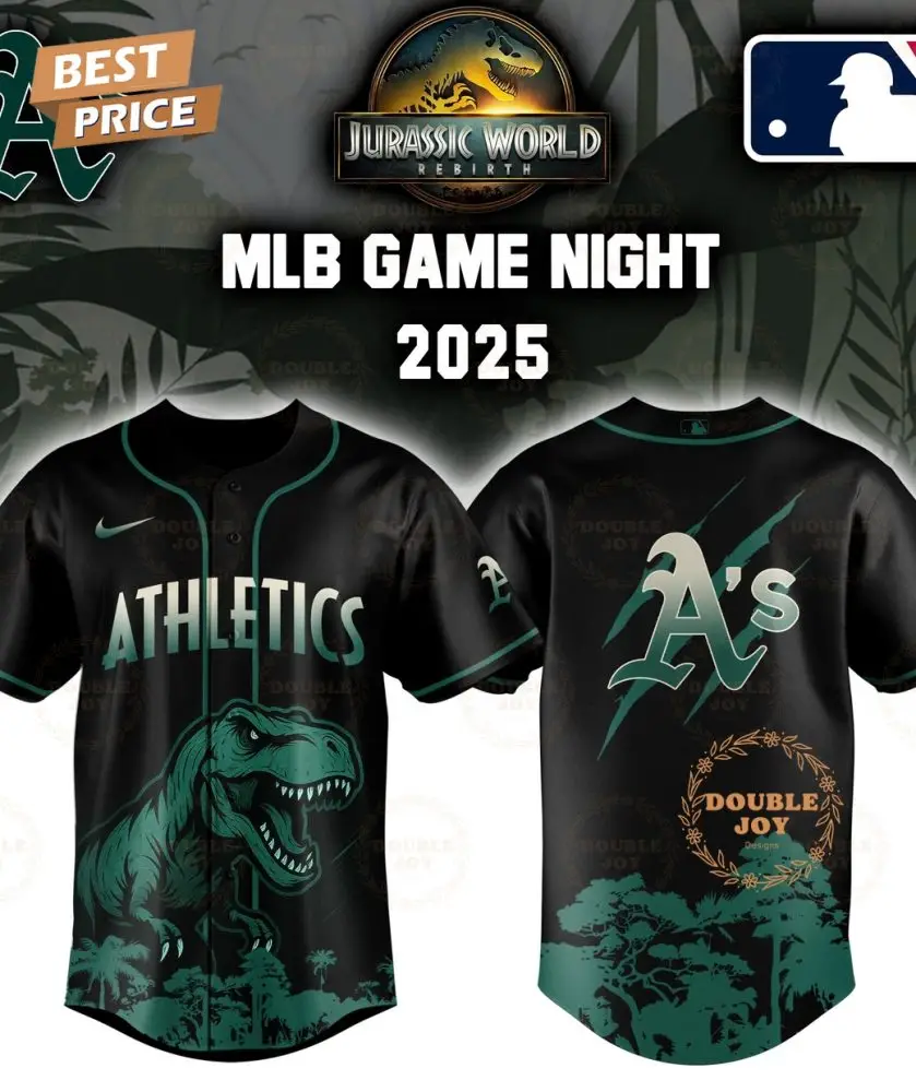 Athletics Jurassic World Rebirth Game Night 2025 Special Edition Baseball Jersey Athletics Jurassic World Rebirth Game Night 2025 Special Edition Baseball Jersey - Image 1