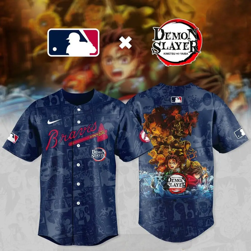 Atlanta Braves x DEMON SLAYER Comic Style Baseball Jersey Gifts For Fans - Tazila