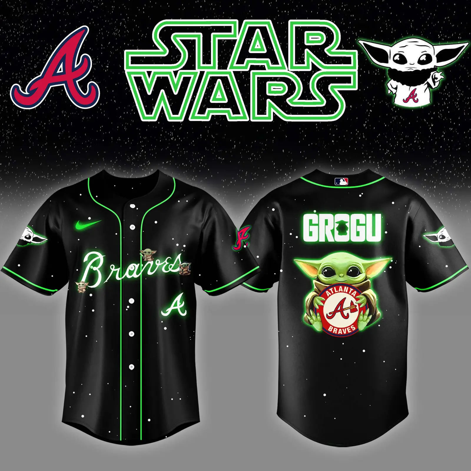Atlanta Braves x Stars Wars Grogu Night Baseball Jersey Gift Ideas For Baseball Players - Tazila