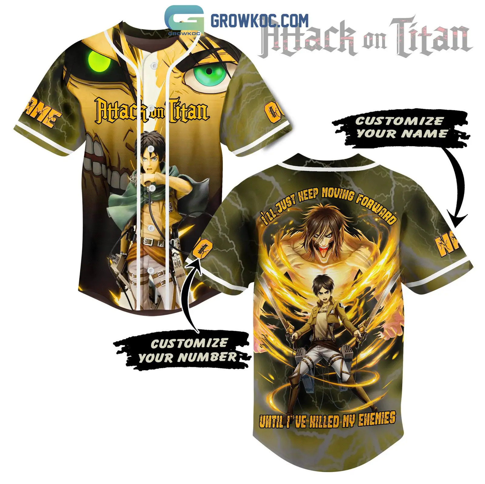 Attack On Titan I'll Just Keep Moving Forward Until I've Killed My Enemies Personalized Baseball Jersey