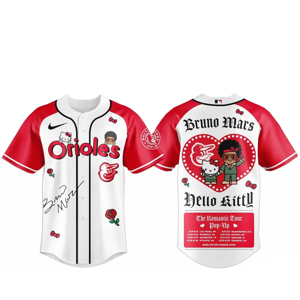 Baltimore Orioles Bruno Mars x Hello Kitty 2026 The Romantic Tour Baseball Jersey - Tazila