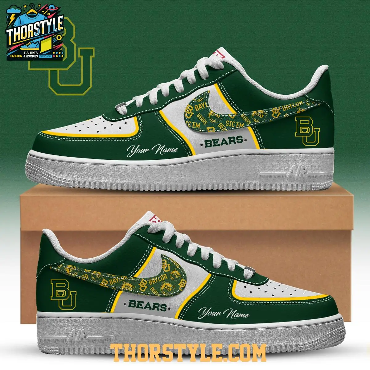 Baylor Bears Sic 'Em Bears Big 12 NCAA 2025 Personalized Air Force 1 Shoes