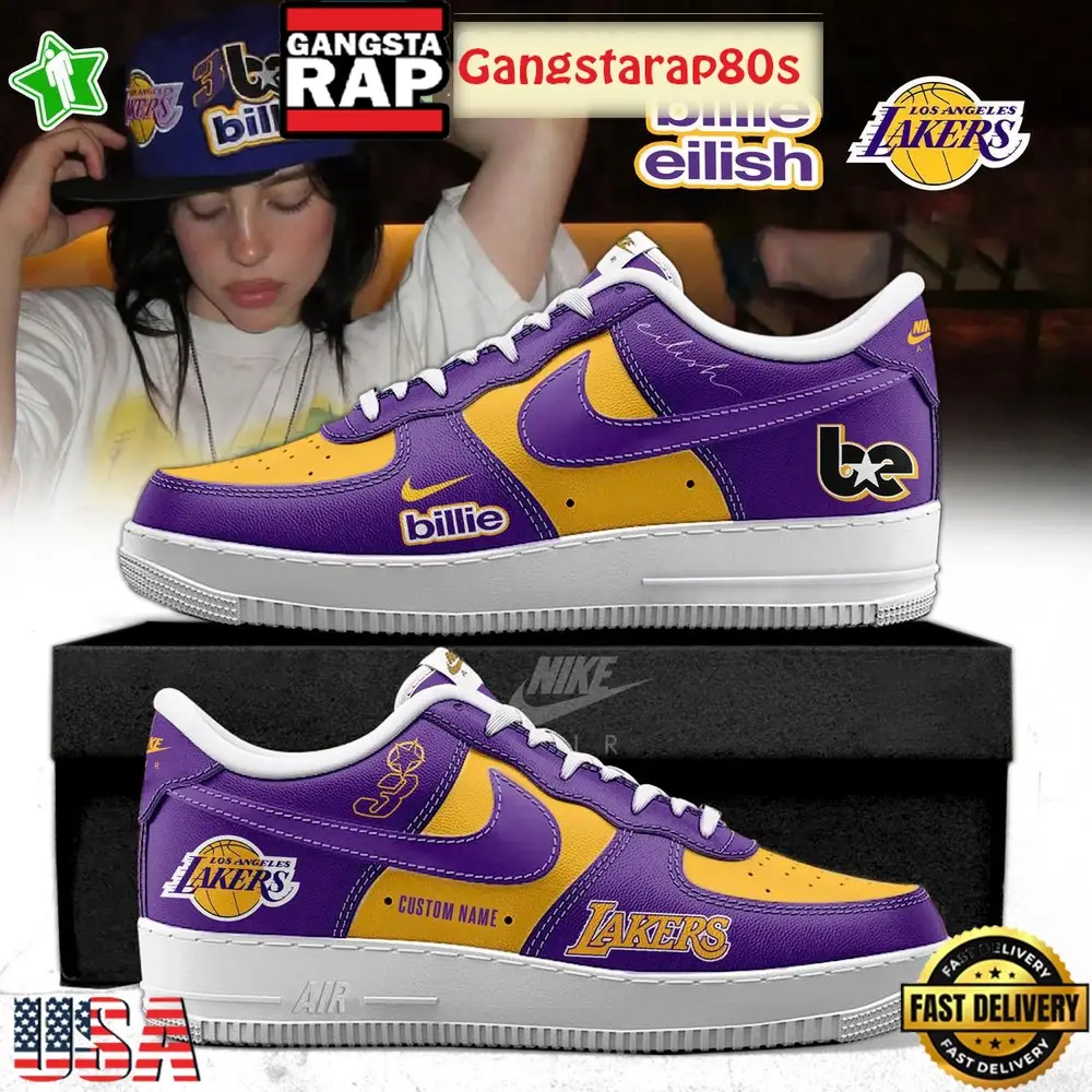 Billie Eilish x Los Angeles Lakers 2025 Custom Air Force 1 Sneakers Shoes Billie Eilish x Los Angeles Lakers 2025 Custom Air Force 1 Sneakers Shoes - Image 1