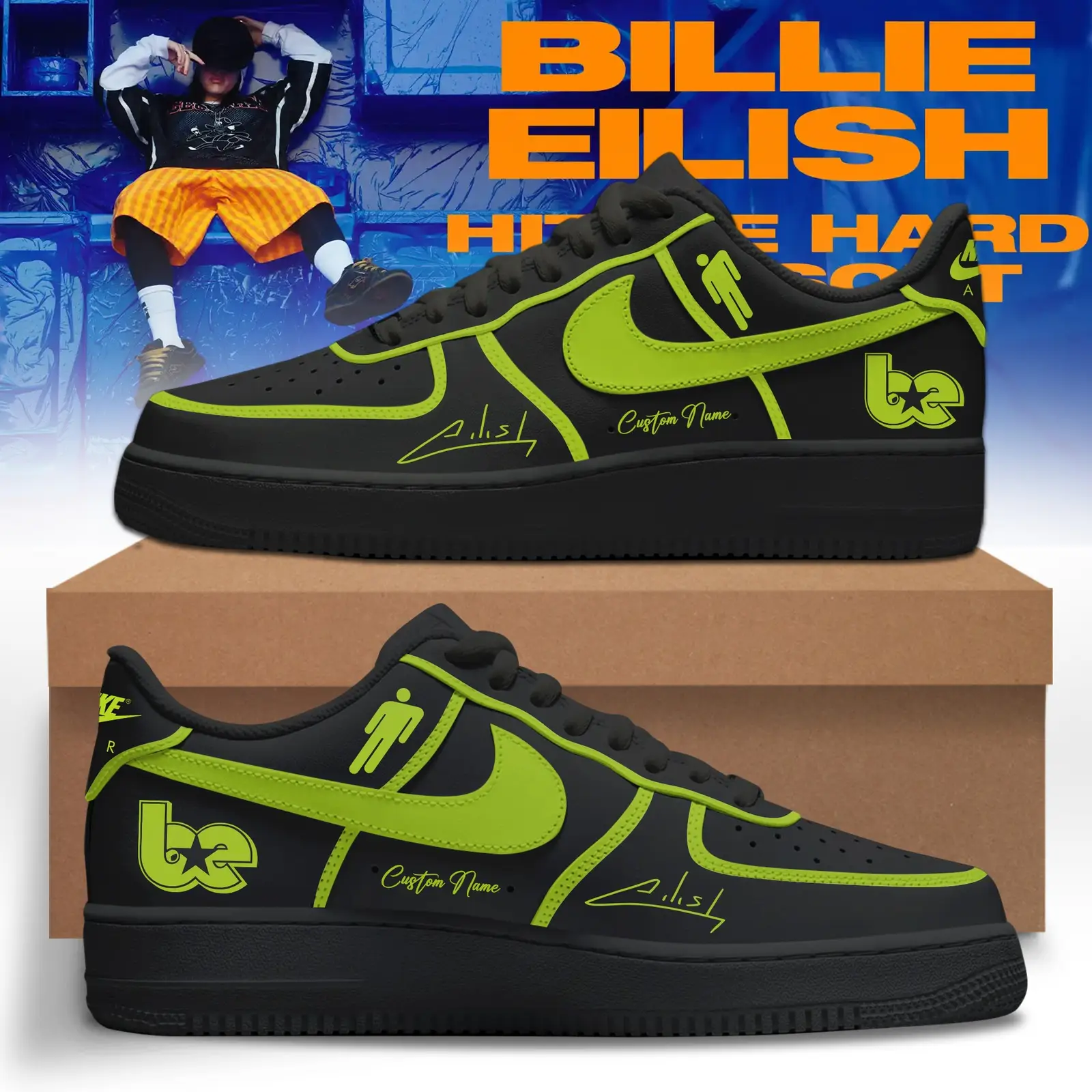 Black Hit Me Hard and Soff Custom Name Billie Eilish Tour Air Force 1 Shoes 